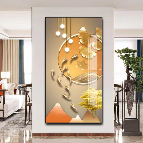 新中式九鱼图客厅玄关装饰画走廊过道鲤鱼现代简约挂画晶瓷镶钻画