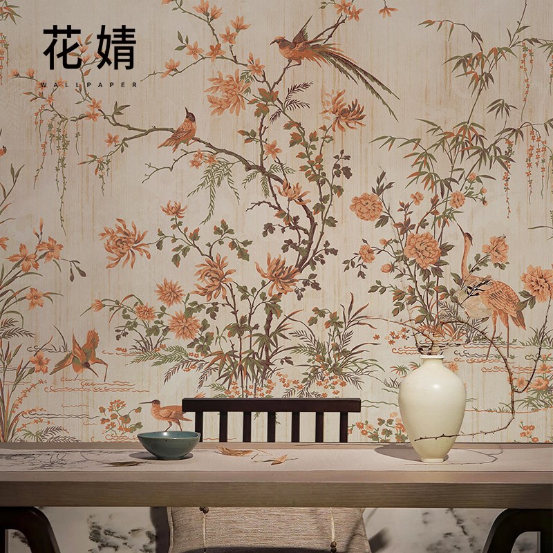 新中式花鸟墙纸客厅电视背景墙壁纸沙发卧室墙布定制壁画民宿壁布
