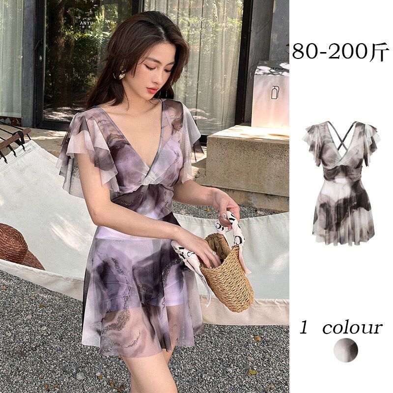 泳衣女大码胖mm连体裙式遮肚y显瘦高级感保守钢圈聚拢大胸飞袖洋