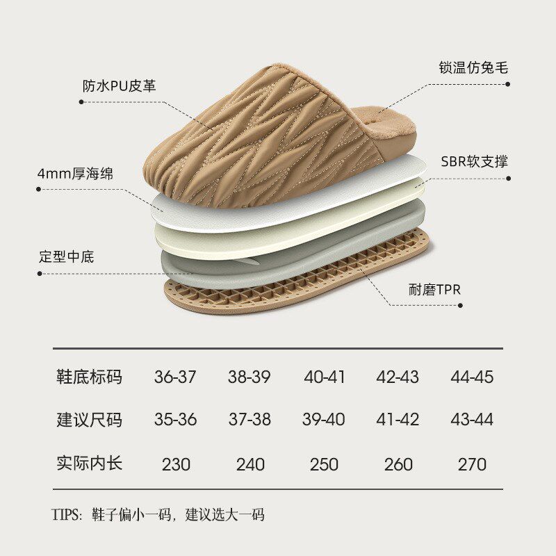 高级感褶皱棉拖鞋女家居室内皮面防水软底防滑男大码保暖秋冬情侣