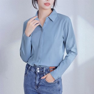 2024秋暗扣正装面试衬衫女长袖收腰弹力纯棉方领大码职业打底衬衣