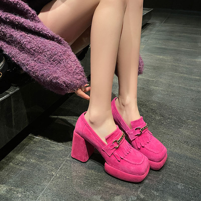 时尚女人味超高跟单鞋女2024早春新款磨砂流苏深口厚底粗跟小皮鞋,女鞋,深口单鞋,淘宝优惠券,粉丝福利购,淘宝优惠卷