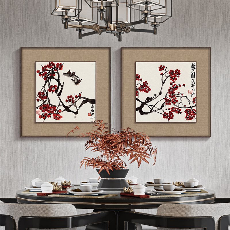 齐白石写意花鸟画果蔬立体装饰画新中式餐厅挂画玄关壁画茶室墙画