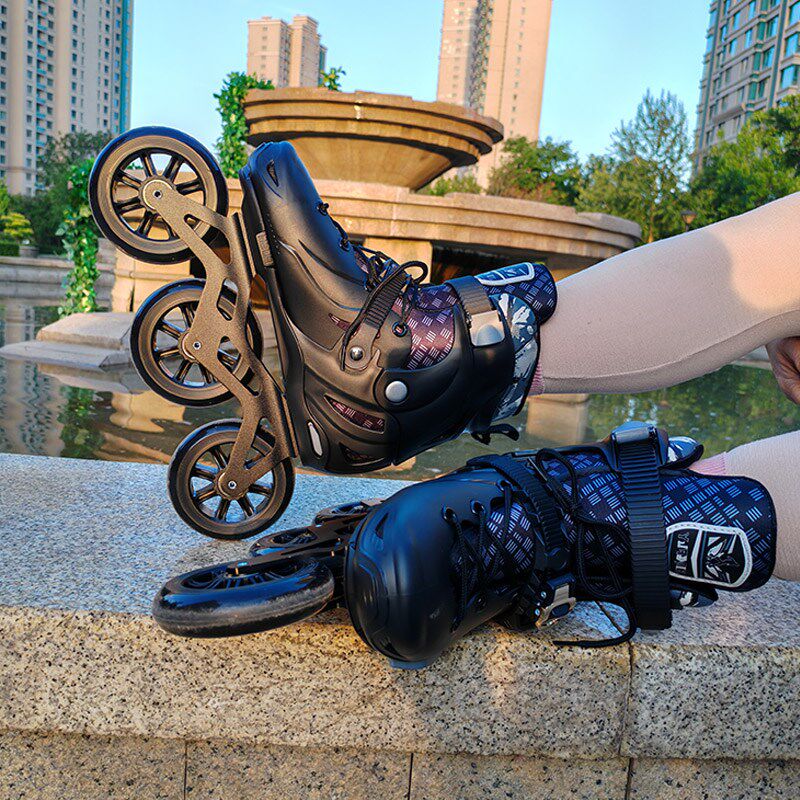 竞速轮滑鞋大三轮儿童成人青少年溜冰鞋男女黑色旱冰鞋高帮可调