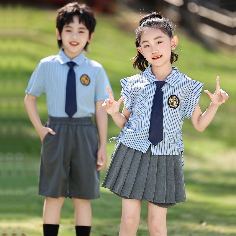 小学生校服夏装学院风条纹衬衫儿童毕G业照班服套装幼儿园夏季园