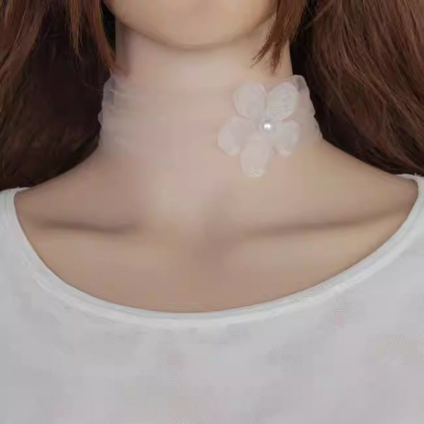 防晒颈套仙气网纱蕾丝钉珠花朵装饰小围脖女薄款夏日系颈饰颈带项