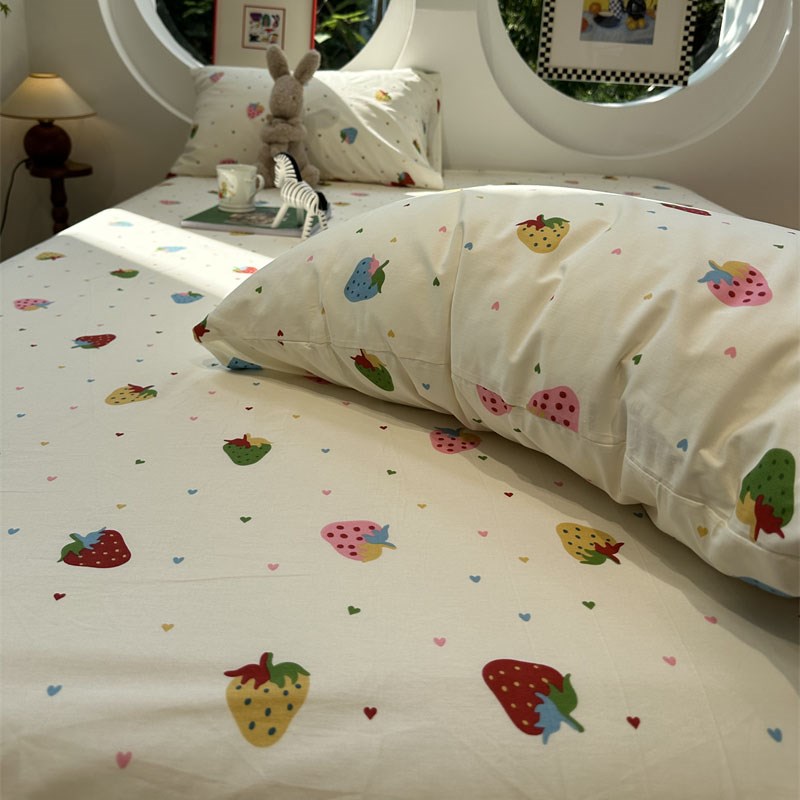 奶油风少女心彩色小草莓纯棉床笠床单单件1.35m全棉学生宿舍床罩