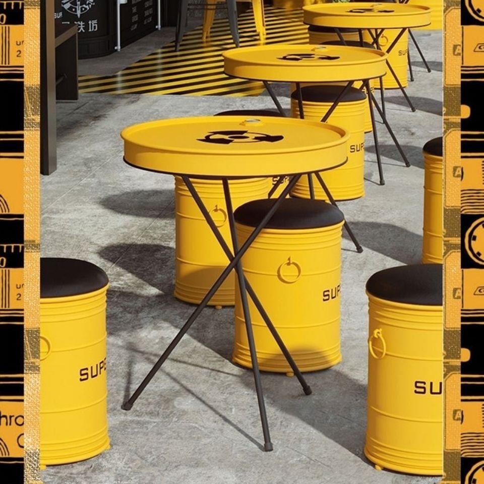 奶茶店油桶沙发桌椅组合商用咖啡厅铁艺休息区复古工业风酒吧卡座