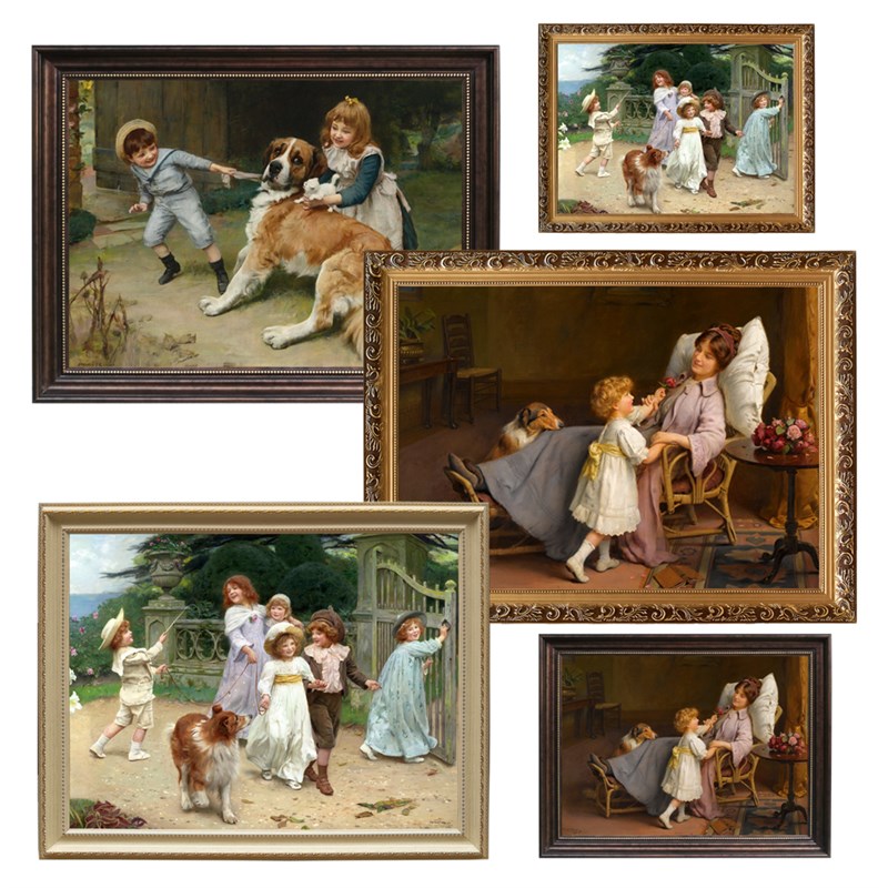 可爱小孩幼儿园挂画喷绘油画古典人物油画世界名画有框画宠物油画