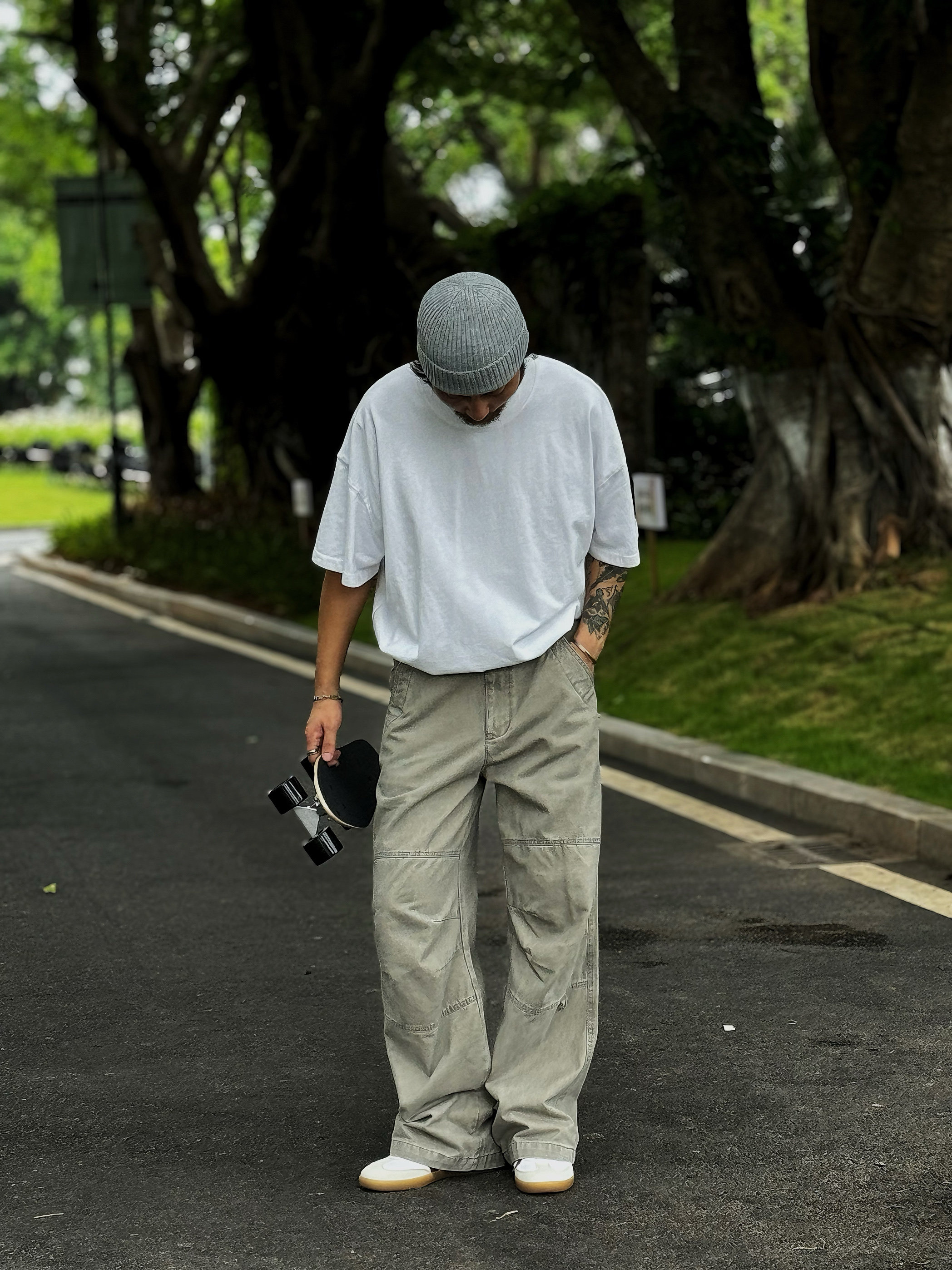 CLOURAFT日系浅灰色水洗工装裤男春夏宽松休闲裤百搭直筒休闲长裤