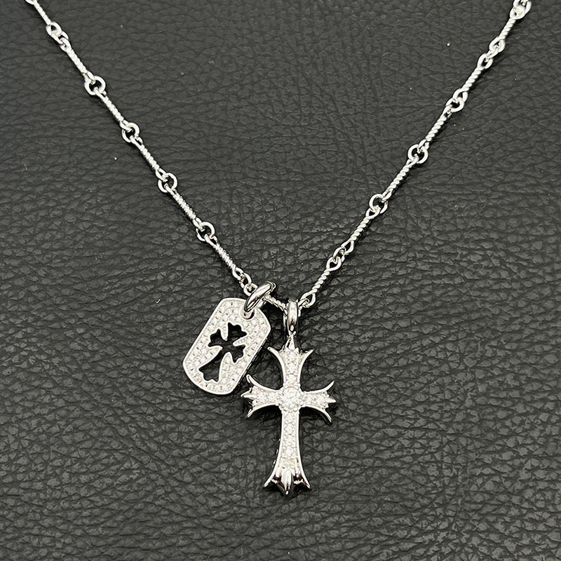 s925纯银克罗伈白金色十字架满钻小吊牌项链男女款个性吊坠毛衣链