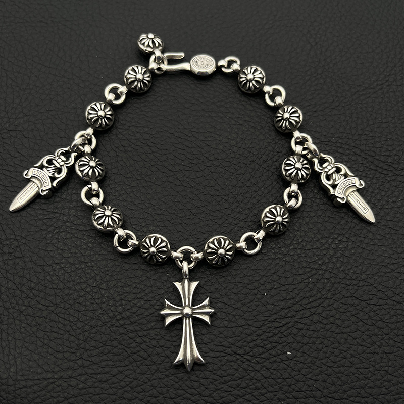 s925纯银克罗伈复古十字架手链男带十字花吊坠个性小众霸气经典款