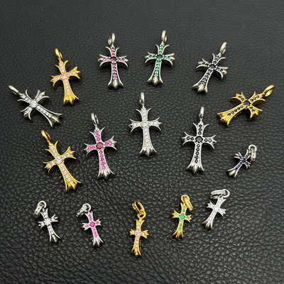 925纯银克罗伈做旧十字架吊坠欧美嘻哈朋克风22K金色彩钻潮牌挂件