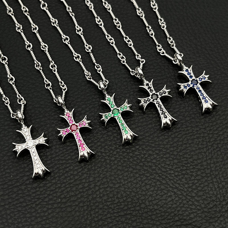 s925纯银克罗伈十字架项链男女款白金色淡粉钻十字花毛衣链潮牌