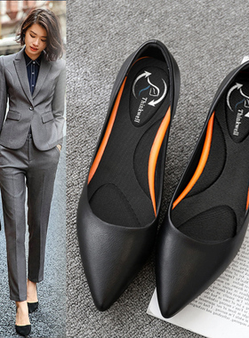 职业工作鞋女黑色皮鞋秋季工装鞋中跟软J底四季鞋平底单鞋上班鞋