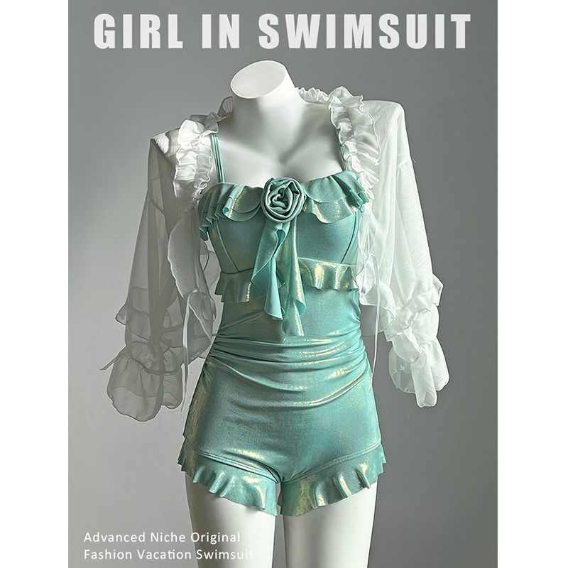 纯欲风超仙女范连体泳衣女小胸少女高颜值拍照好看泡温泉保守泳装