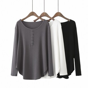 欧美大码t恤女200斤胖mm初秋遮C肚内搭弧形下摆正肩显瘦长袖打底