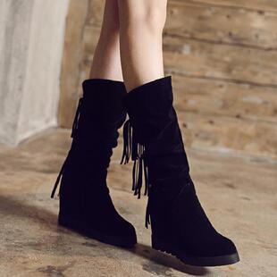 春秋冬内增高中筒靴女靴子大码40-43码加厚加绒冬靴流苏Z靴小码33