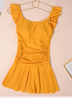 【夏语微琪】简约暖黄色小飞边少女裙式连体保守遮肚显瘦温泉泳衣