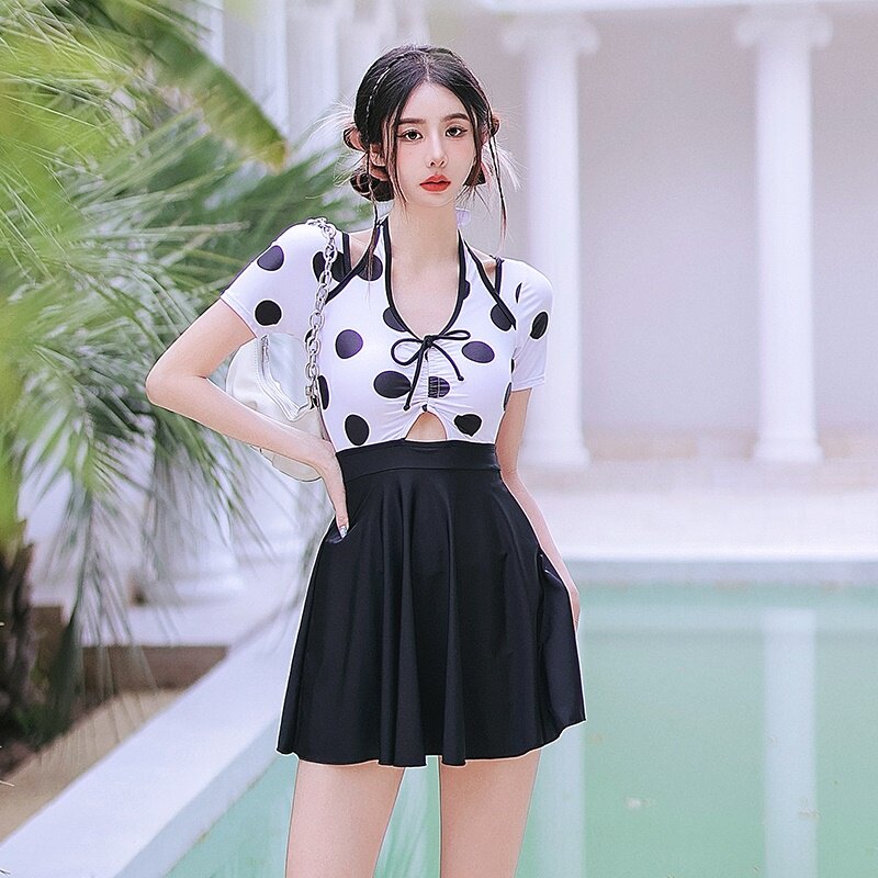 甜美日系大码胖mm泳衣女连体裙式保守学生可爱微胖显瘦遮肚泡温泉