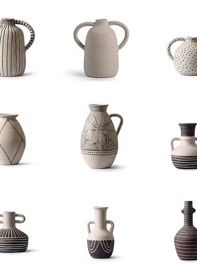 侘寂风粗陶e艺术条纹花器简约双耳土黄色软装摆件民宿样板间花瓶