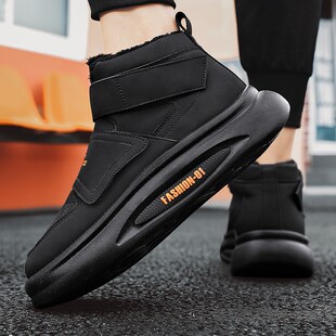 冬天无鞋带雪地靴加绒保暖运动休闲棉鞋男款白色高帮板鞋学生冬鞋