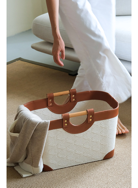 若奈 Loro Pian@古董白珍珠浮雕外缝皮革实木把手多用收纳篮脏衣