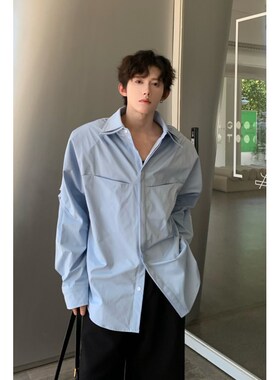 秋装设计感浅蓝色长袖衬衫男时尚宽E松美式衬衣双层领结构皱褶垫