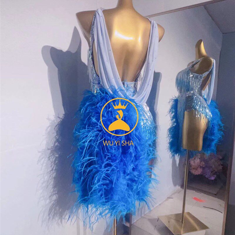 驼鸟毛拉丁舞服专业比赛服满钻蓝色舞蹈服成人女儿童定制赛服2367