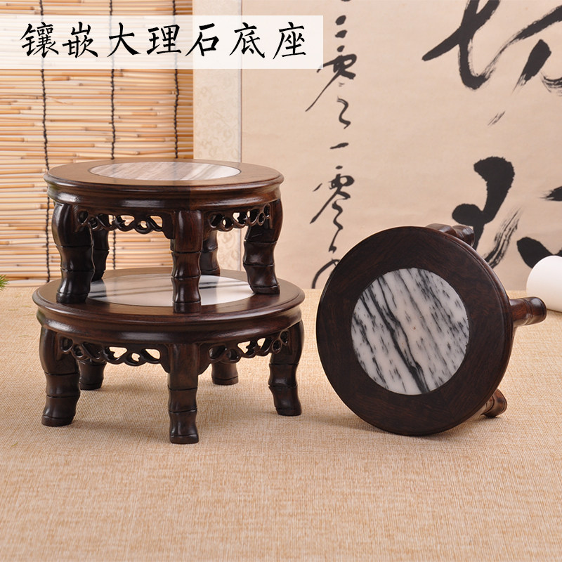 红木雕工艺品黑j檀酸枝镶大理石花瓶底座实木圆形花盆盆景摆件底