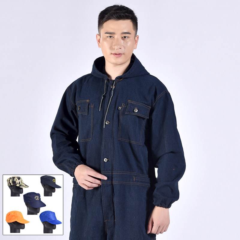 长袖带帽牛仔连体衣男连体纯棉工作服机汽修耐磨防烫连体服劳保服