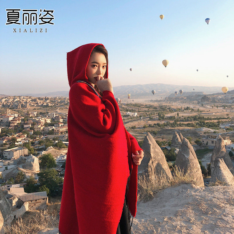 民族风披肩斗篷围巾女冬季西藏丽江青海旅游拍照带帽披风加厚秋天