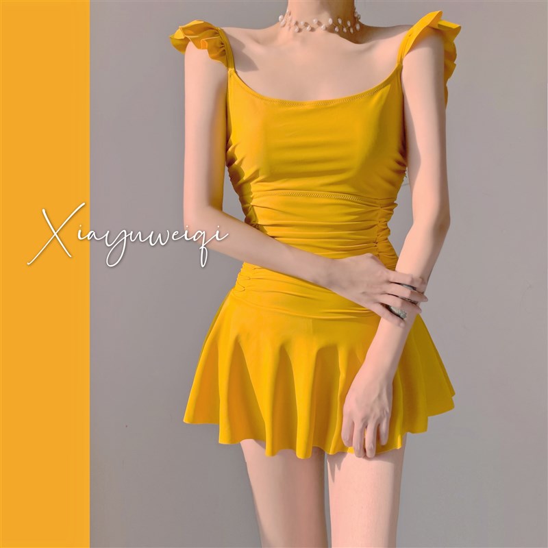 【夏语微琪】简约暖黄色小飞边少女裙式连体保守遮肚X显瘦温泉泳