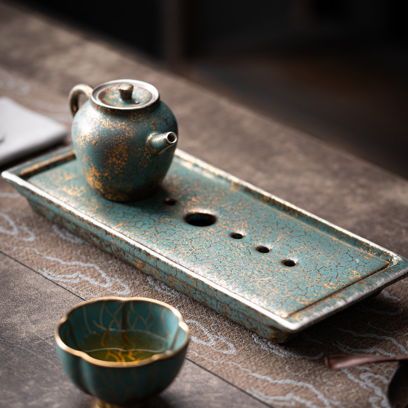 干泡壶承常青釉金银彩茶盘窑变陶瓷茶H盘小型家用简约现代茶台蓄