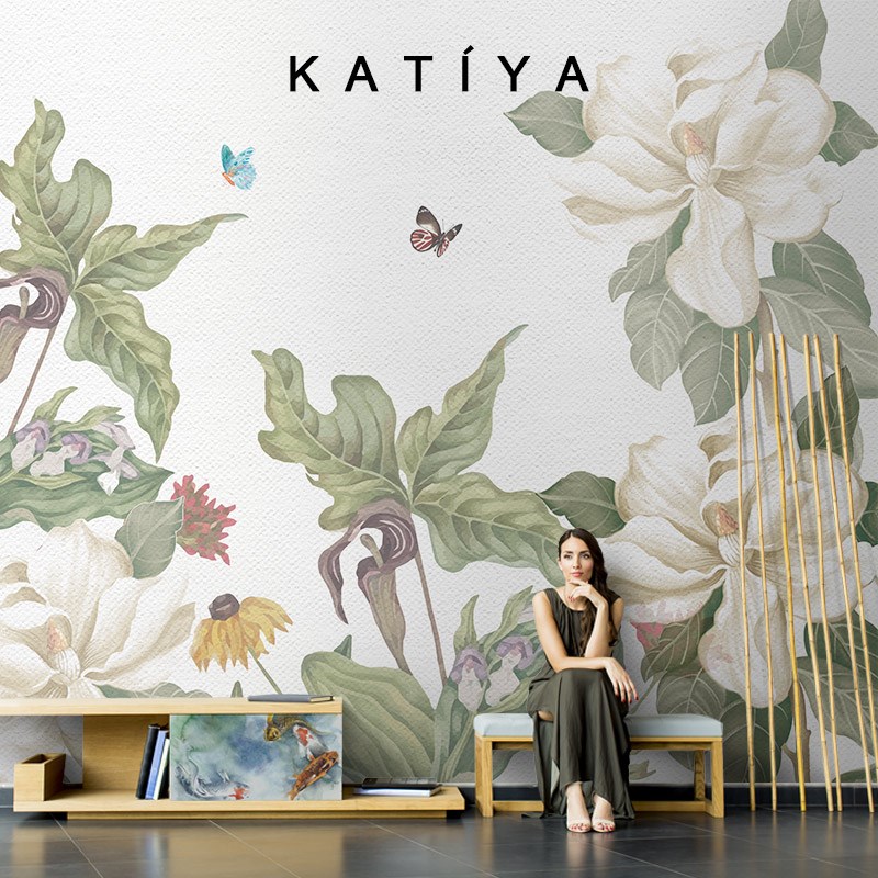 Katiya墙布装饰美式壁纸电视背景墙卧室餐M厅沙发花朵定制壁画高