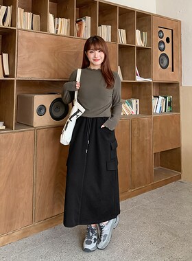 大码女装高腰工装卫衣半身裙秋冬200斤胖mm休闲松紧腰裙子32145。