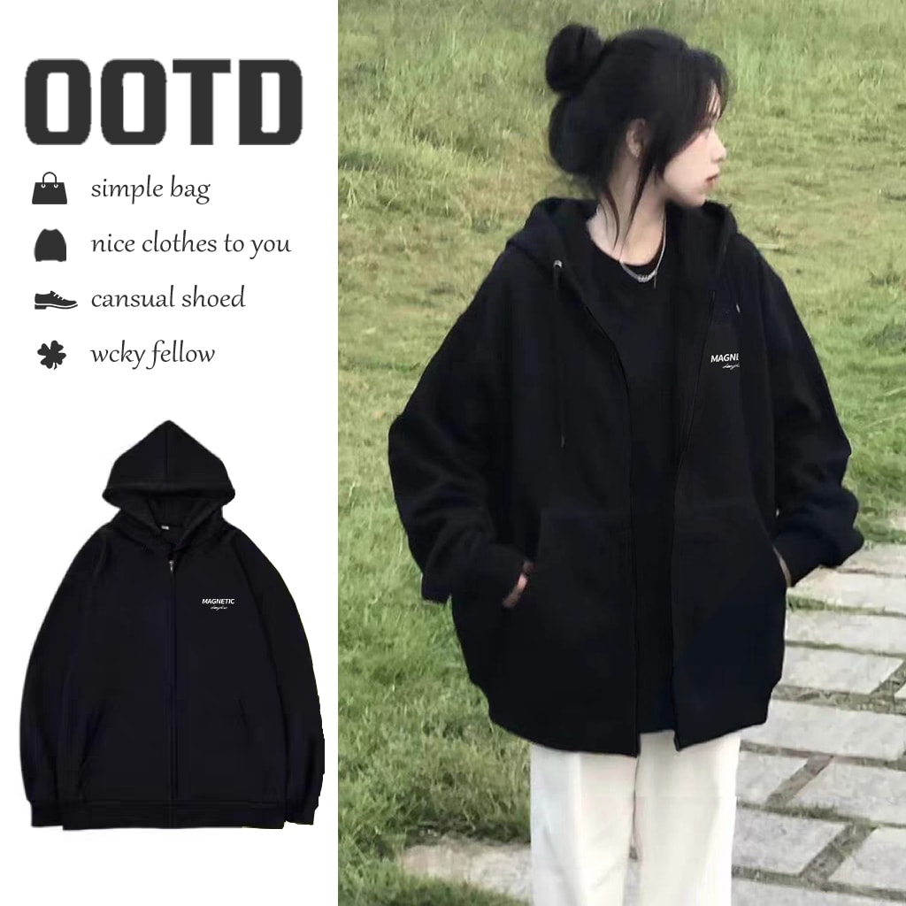 秋冬黑色拉链连帽学生卫衣女2025新款开衫初中生长袖加绒加厚上衣