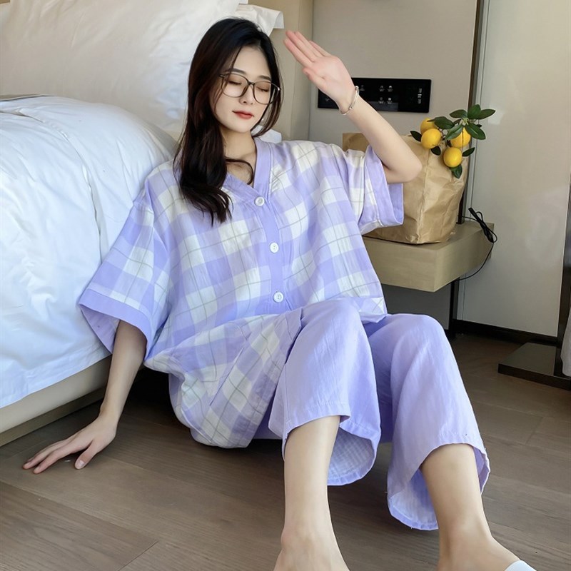 日式格子V领开衫对襟女士睡衣宽松大码200斤胖MM双层棉纱家居服女