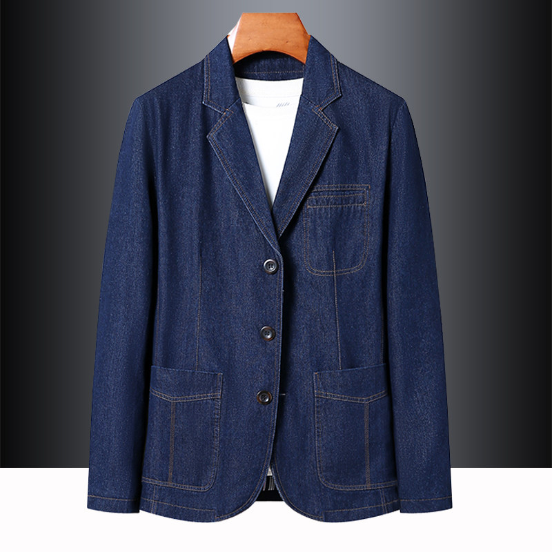 牛仔西装男款春秋长袖上衣宽松大码中老年爸爸装翻领外套深蓝西服,男装,休闲西服,淘宝优惠券,粉丝福利购,淘宝优惠卷