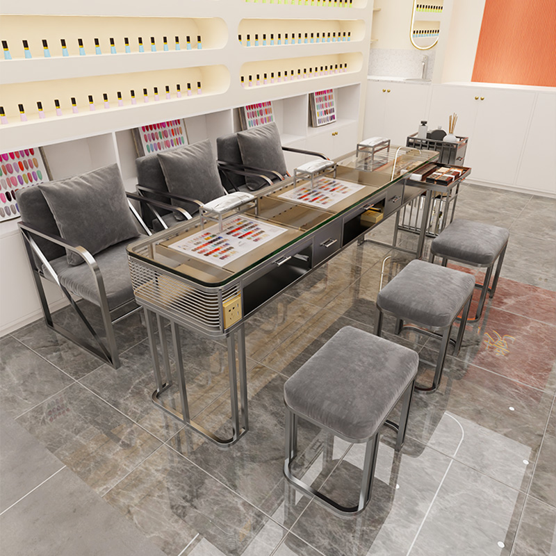 轻奢美甲桌椅套装单双三人美甲台全套玻璃网红大理石修甲桌双层款