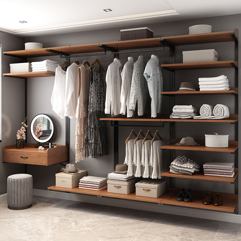 实木无门衣柜开放式金属衣帽间置物架步入式衣橱梳妆台一体挂墙式
