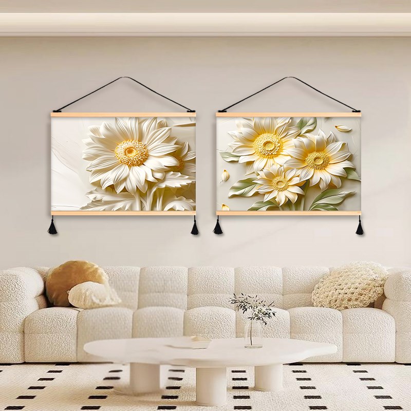 浮雕花卉装饰画客厅卧室画床头餐厅布艺挂画免打孔背景遮挡挂布图片
