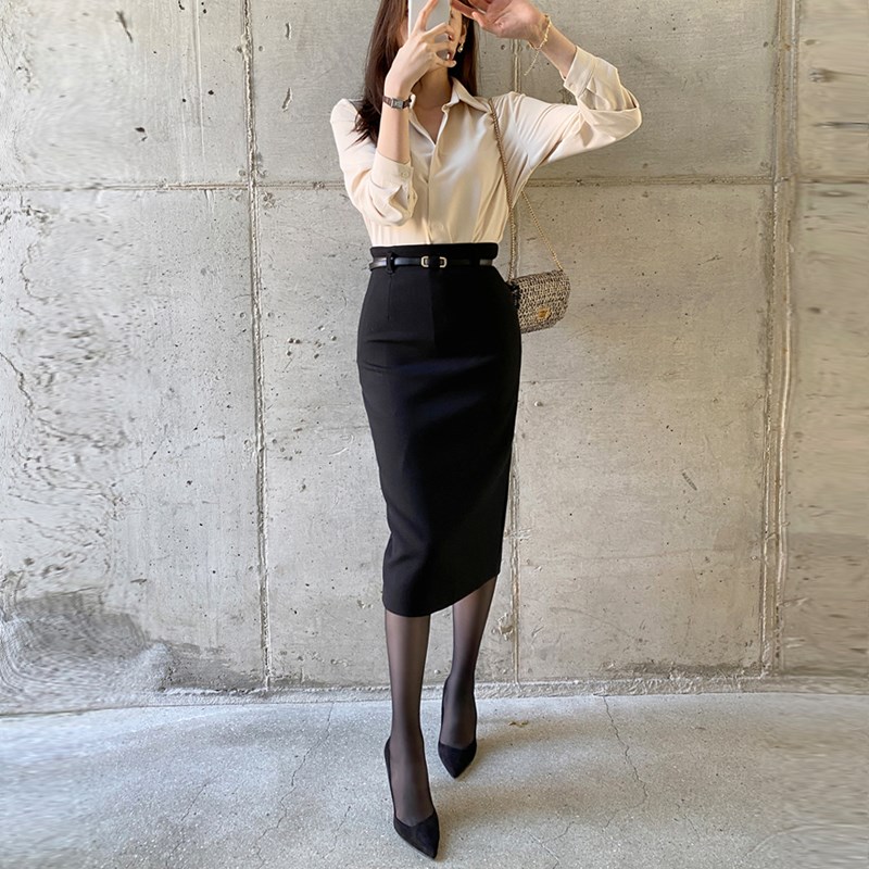 黑色腰带开叉半身裙女春季直筒包臀裙显瘦ol一步裙中长款包裙半裙