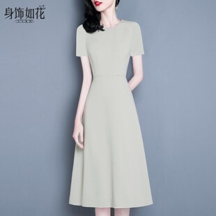 新款 绿色短袖 淑女装 显瘦a字裙中长款 连衣裙 气质名媛修身 2025夏季