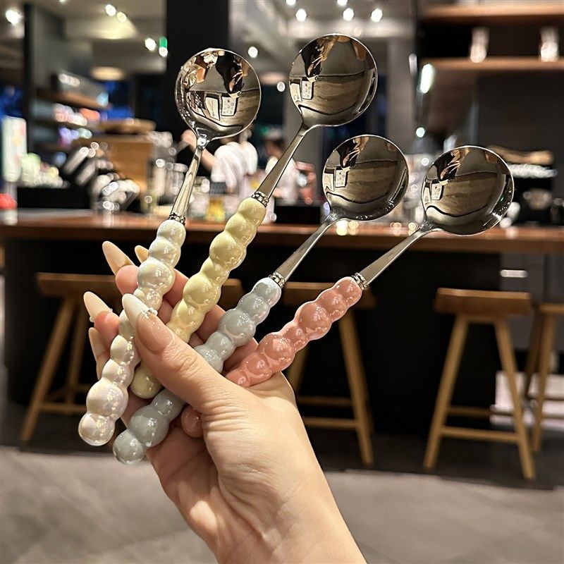 超级漂亮的圆头勺!304不锈钢喝汤勺主餐勺陶瓷手柄勺子调羹餐具