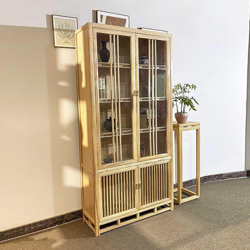 新中式白蜡木玻璃柜展示柜实木书柜茶叶柜原木储物柜珠宝柜文件柜