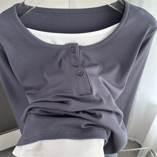 内搭上衣宽松打底衫 薄款 T恤女2024春秋冬新款 假两件圆领撞色长袖