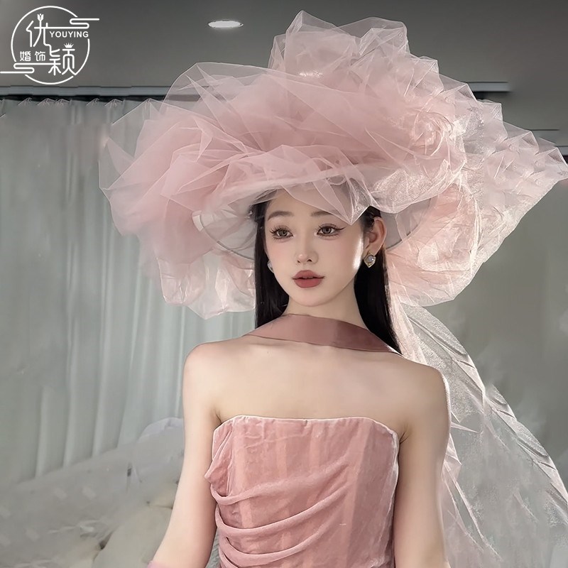 法式复古高级感抓纱粉色云朵大礼帽长款头纱旅拍样片婚纱摄影头饰