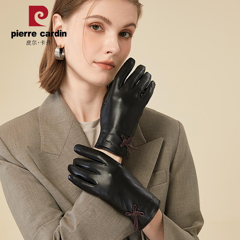 皮尔卡丹正品真皮手套女冬季山羊皮保暖防寒手套骑行摩托车可触屏