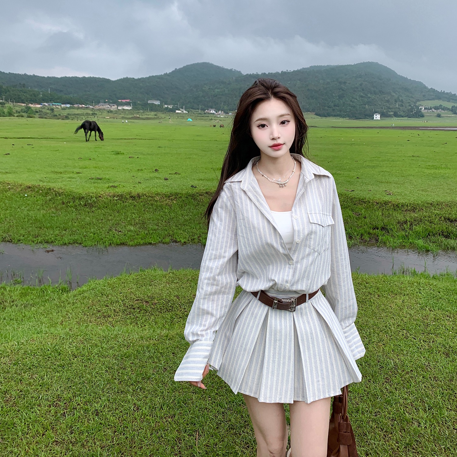 初梦POKEMENG 旷野遐想 老钱风长袖条纹衬衫连衣裙女秋季短款百搭